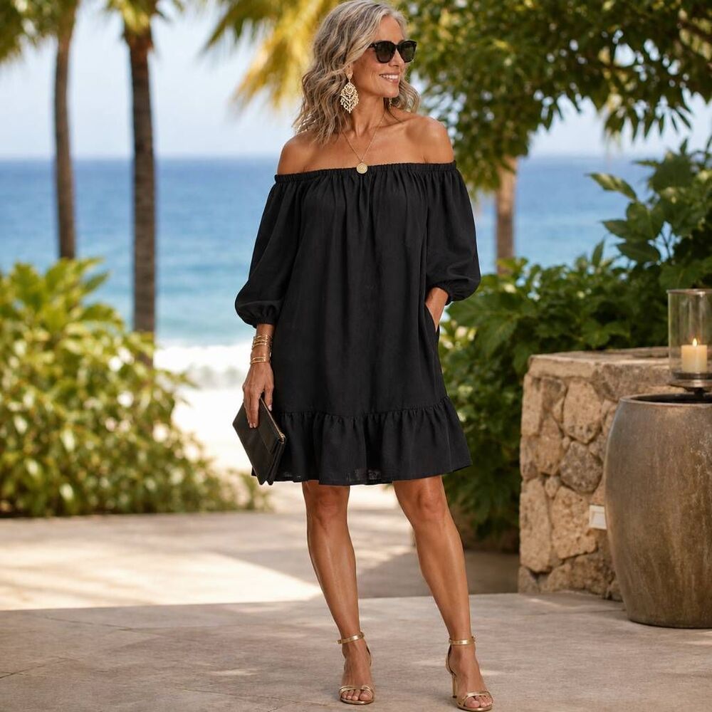 Tommy Bahama Womens Linen Blend St. Lucia Off Shoulder Tiered Dress Black XL - Picture 11 of 11